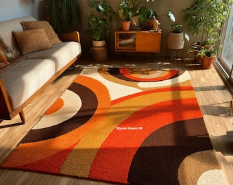 Retro Abstract Curve Rug | Burnt Orange & Mustard  Brown | Mid Century Modern Living Room Carpet