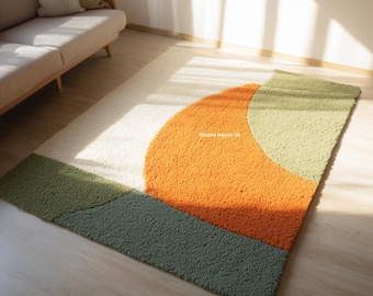 8x10 Rectangle Rust Orange Wave Abstract Rug | Retro Modern Curved Pattern Area Carpet | Hand Tufted Multi Color Carpet