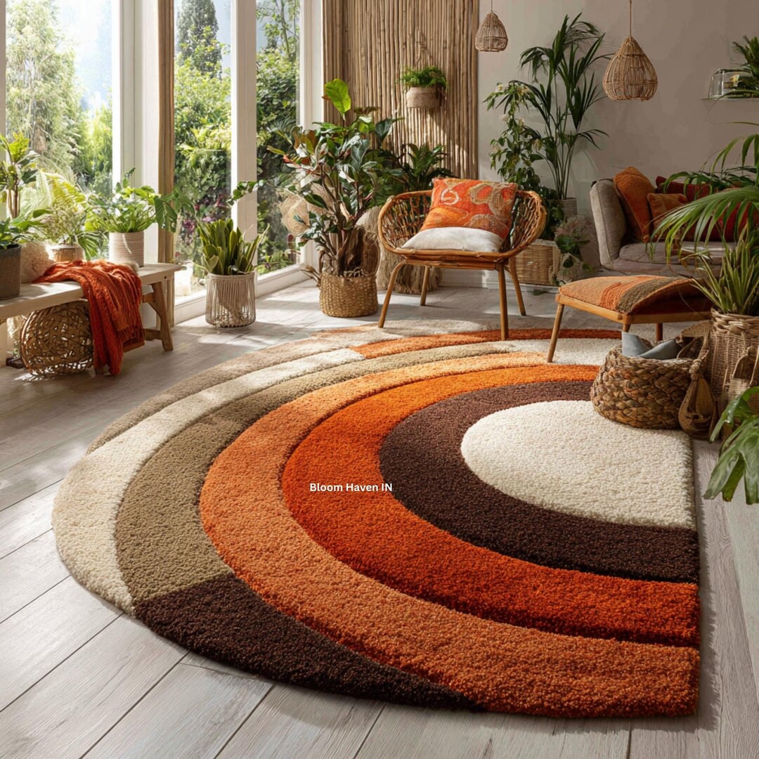Boho Rainbow Arc Half Circle Round Rug | Terracotta Rust Cream | Modern ...