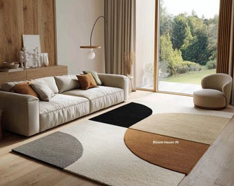 Modern Abstract Area Rug in Cream, Beige & Brown | Minimalist Geometric Carpet for Living Room Home Decor