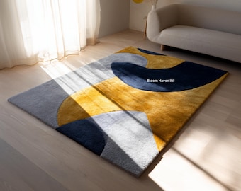 5x7 Feet Rectangle Modern Navy Yellow Abstract Rug for Living Room | Soft Plush Designer Area Carpet