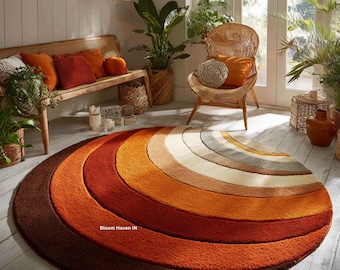 Sunset Arc Round Rug in Rust Orange & Beige | Modern Abstract Circle Carpet for Boho Living Room Decor