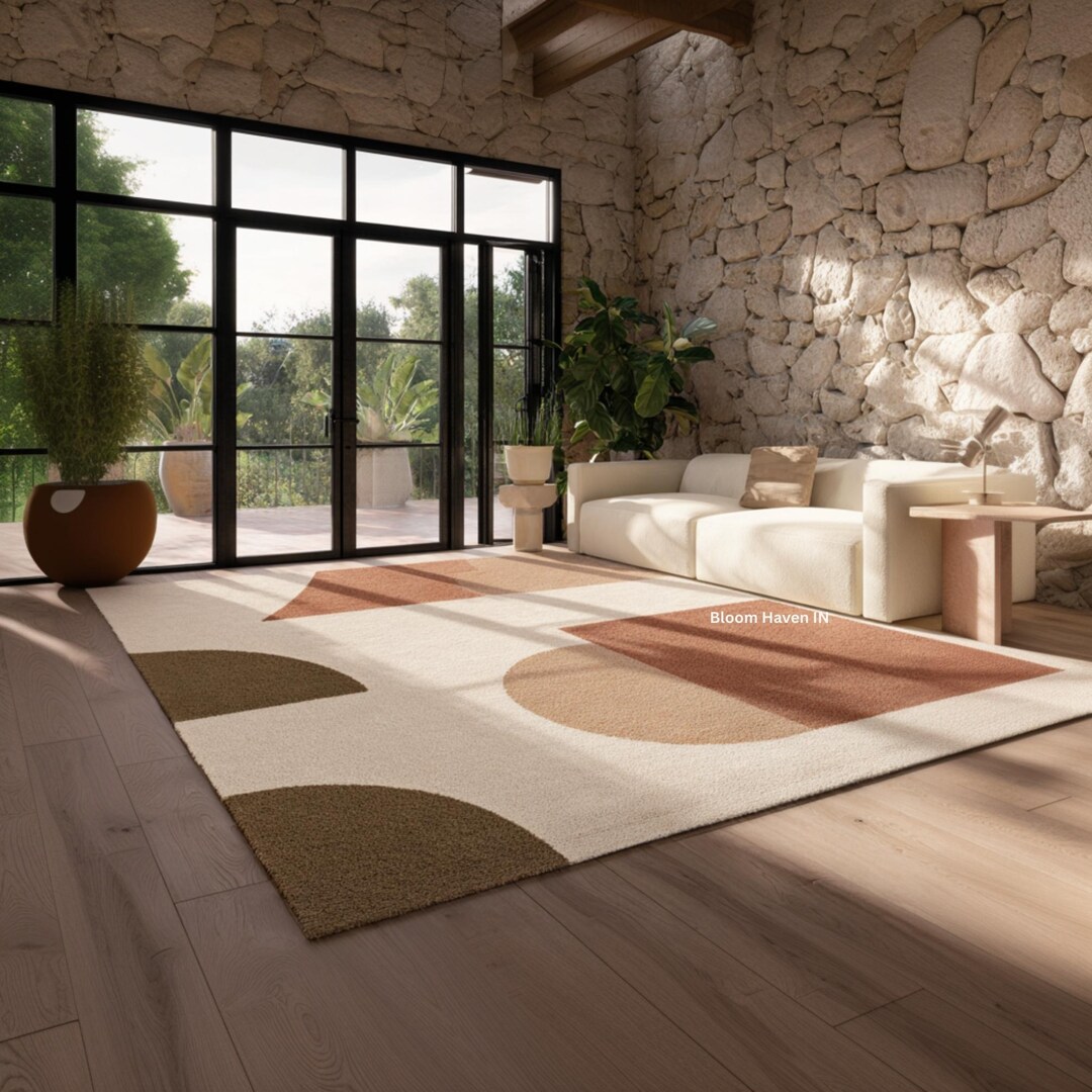 Warm Earth-tone Geometric Rug | Modern Organic Living Room Carpet ...