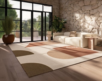 Warm Earth-Tone Geometric Rug | Modern Organic Living Room Carpet |  Cream Terracotta Modern Area Rug