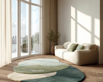 Organic Shape Green Abstract Rug for Living Room | Modern Sculpted Area Carpet for Minimal Home Decor