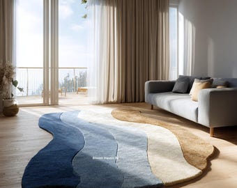 Unregelmäßiger moderner gewellter abstrakter Teppich | Blau, Creme & Sand | Geformter Plüsch-Teppich für Wohnzimmer-Dekor