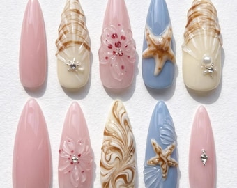 3D oceaanschelp pers op nagels | Luxe kustzeester roze blauw Gel X | Handgemaakte strandbruiloft herbruikbare amandelnagels | Luxe nagels zomer