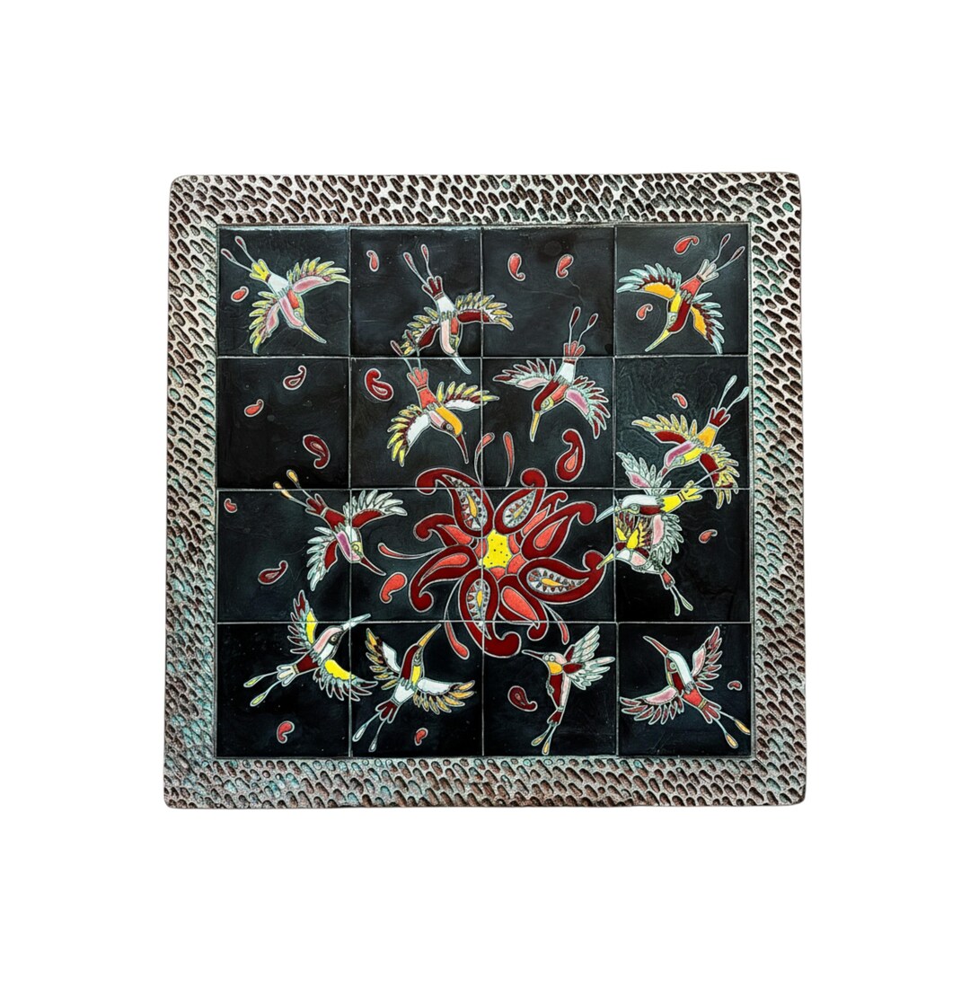 Hummingbird Tile Inlay Handmade Hummingbird Tile Mural, Obsidian Black, Bronze Frame - Etsy UK
