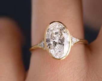 Bezel Set Oval Engagement Ring, 3CT Oval Cut Moissanite Ring, 14K Gold Wedding Ring, Oval Solitaire Diamond Ring, Anniversary Ring For Women