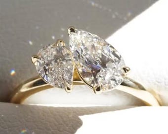 Toi Et Moi Pear Cut Moissanite Engagement Ring, Double Stone Promise Ring, Two-Stone Birthstone Statement Ring Gift, Solid Gold Ring