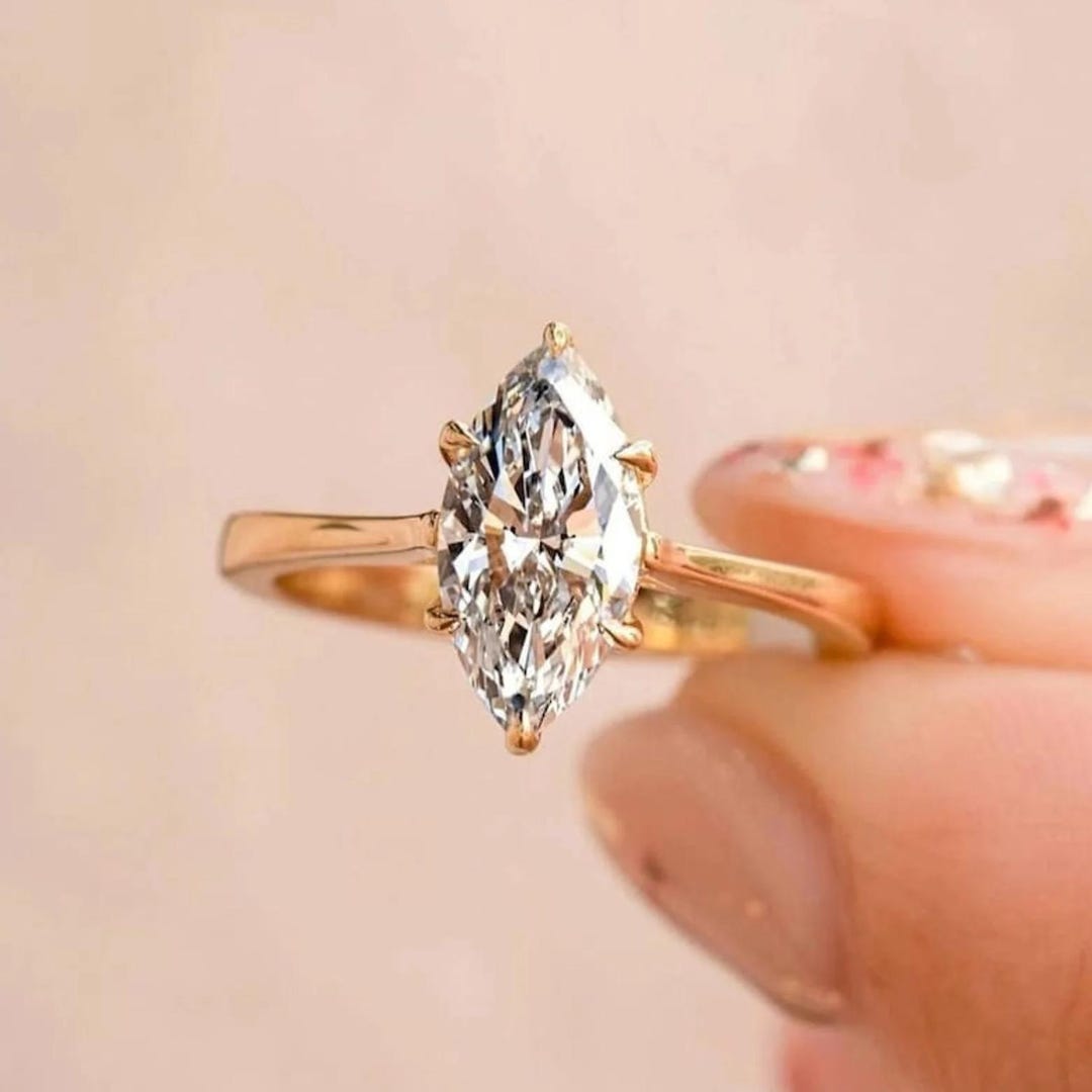 Marquise Cut Engagement Ring 14K Solid Gold Solitaire Ring Cathedral ...