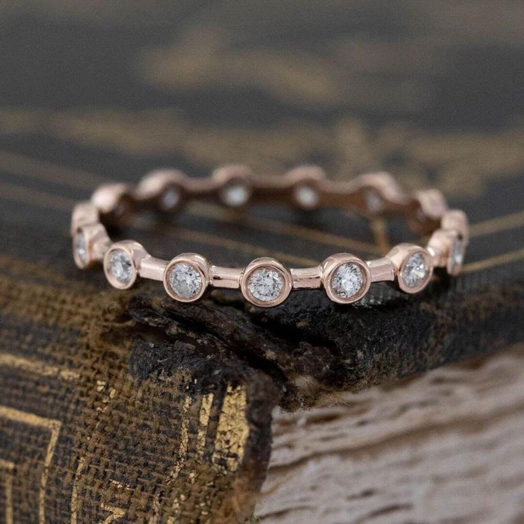 Distance Pave Wedding Band Bezel Set Round Cut Engagement Band Full ...