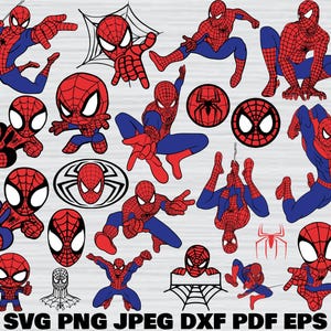 Op de afbeelding: Een verzameling rode, blauwe en zwarte Spider-Man illustraties in verschillende poses en ontwerpen. Inclusief webontwerpen, logo's en volledige figuren. De tekst "SVG PNG JPEG DXF PDF EPS" staat onderaan de afbeelding.