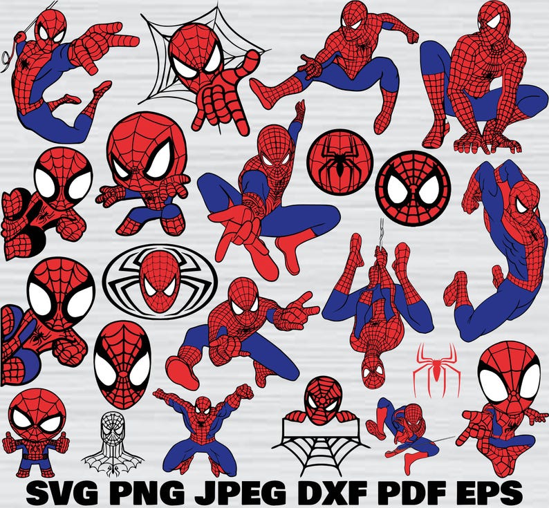 May include: A collection of red, blue, and black Spider-Man illustrations in various poses and designs. Includes web designs, logos, and full-body figures. The bottom of the image has the text "SVG PNG JPEG DXF PDF EPS."