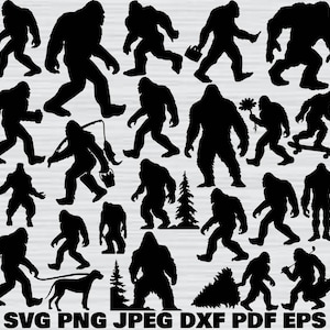 May include: A collection of black Bigfoot silhouettes in various poses, including walking, carrying items, and interacting with objects. The image also includes a dog silhouette and text at the bottom.