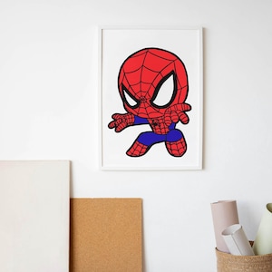 May include: A framed cartoon illustration of Spider-Man in a dynamic pose. The character is depicted with a red and blue color scheme, featuring a red mask with white eyes and a web pattern. The artwork is displayed on a white wall.