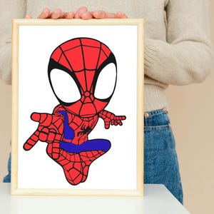 May include: A framed cartoon illustration of Spider-Man. The character is depicted in a dynamic pose, with a red and black costume, and blue accents. The artwork is set against a white background within a wooden frame.