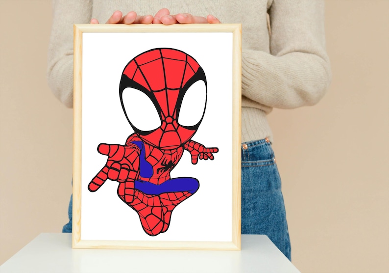 May include: A framed cartoon illustration of Spider-Man. The character is depicted in a dynamic pose, with a red and black costume, and blue accents. The artwork is set against a white background within a wooden frame.