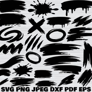 Puede incluir: Una colección de diseños de trazos de pincel negros en varias formas y tamaños. Incluye salpicaduras, goteos, garabatos y cruces. La parte inferior de la imagen muestra el texto "SVG PNG JPEG DXF PDF EPS".