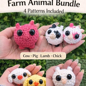 Könnte beinhalten: Eine Sammlung handgefertigter Häkeltiere vom Bauernhof, darunter ein rosa Schwein, eine Kuh, ein Lamm und ein Küken. Das Bild enthält den Text "No-Sew Farm Animal Bundle" und "4 Patterns Included". Die Spielzeuge werden in den Händen einer Person gehalten.