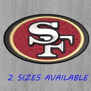 May include: Embroidered oval patch featuring the San Francisco 49ers logo. The logo includes the letters "SF" in white, set against a red background with a gold border and black outline. Text at the bottom reads "2 SIZES AVAILABLE".