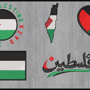 Puede incluir: Un conjunto de parches bordados con la bandera palestina. Los diseños incluyen un parche circular con el texto "FREE PALESTINE GAZA", una bandera rectangular, una bandera en forma de corazón y un contorno de mapa.
