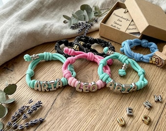 Custom Name Rope Bracelet, Bubble Letter Personalized Bracelet, Adjustable Knot Cord Gold Silver Name Jewelry Gift