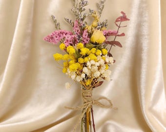 Mini ramo de flores secas, arreglo floral rústico hecho a mano, regalo de flores preservadas, detalle para bodas bohemias, adorno para escritorio.