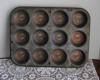 Vintage Muffin Cupcake Baking Pan Ecko Ovenex Starburst Pattern 120 - 12