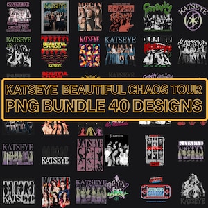 Könnte beinhalten: Eine Sammlung von 40 PNG-Designs mit der Band KATSEYE. Die Designs umfassen verschiedene Grafiken, Tourplakate und Albumcover mit Text wie "Beautiful Chaos Tour" und "Gameboy". Die Bilder sind in verschiedenen Farben gehalten.