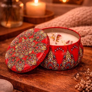 Vela de soja Ruby Mandala vertida a mano / Vela aromática de combustión limpia / Vela de cera de soja con aroma a lavanda dulce / Decoración para el hogar vegana y ecológica