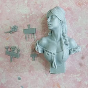 May include: A grey resin bust of a woman with long braided hair and a low-cut top. Several small resin pieces, including roses and signs, are scattered around the bust. The bust is on a pink and white surface.