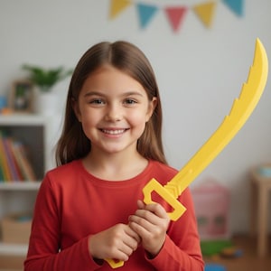 May include: A young person in a red long-sleeved shirt smiles while holding a bright yellow toy sword. The sword has a curved blade with a serrated edge and a rectangular handle. The background is a room with toys.