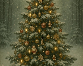 Art mural de sapin de Noël, Noël enneigé à imprimer, décoration d'arbre d'hiver vintage, art mural vacances cosy, téléchargement numérique