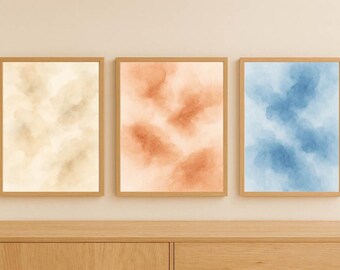 Juego de 3 impresiones de acuarela abstracta neutra para pared, arte minimalista pastel imprimible, galería de pared moderna y tranquila, impresiones artísticas en azul beige.