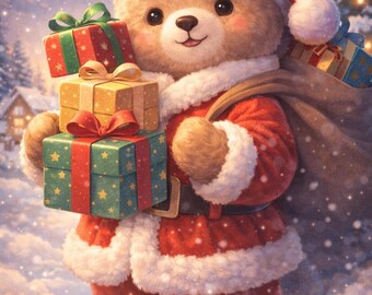 Christmas Teddy Bear Wall Art, Cute Santa Bear Poster, Festive Holiday Nursery Print, Christmas Gift Wall Decor, Printable Wall Art