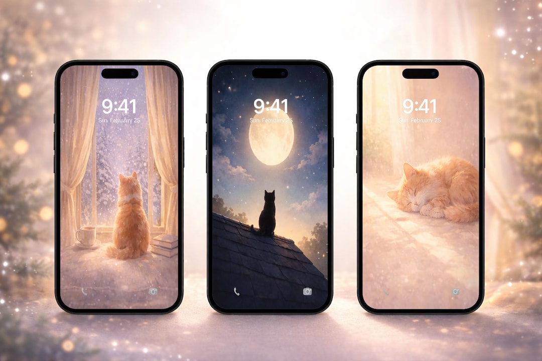 Dreamy Cat Phone Wallpaper Set | Cozy iPhone Lock Screen - Etsy
