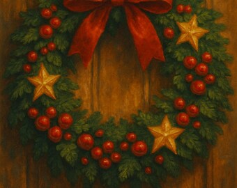 Christmas Wreath Art Print | Red Bow & Berries (Digital Download)