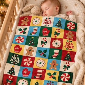Christmas Cookie Patchwork Velveteen Microfiber Blanket | Gingerbread, Trees, Candy