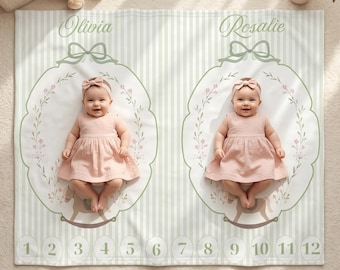 双子用ベビーマイルストーンブランケット、花柄のベビー用品、ぬいぐるみフリース素材の月齢写真撮影用小道具