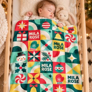 Modern Retro Holiday Patchwork Velveteen Blanket | Christmas Ornaments, Snowman, Bells