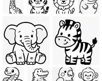 Cute Jungle Animals Coloring Pages for Toddlers, Preschool Printable