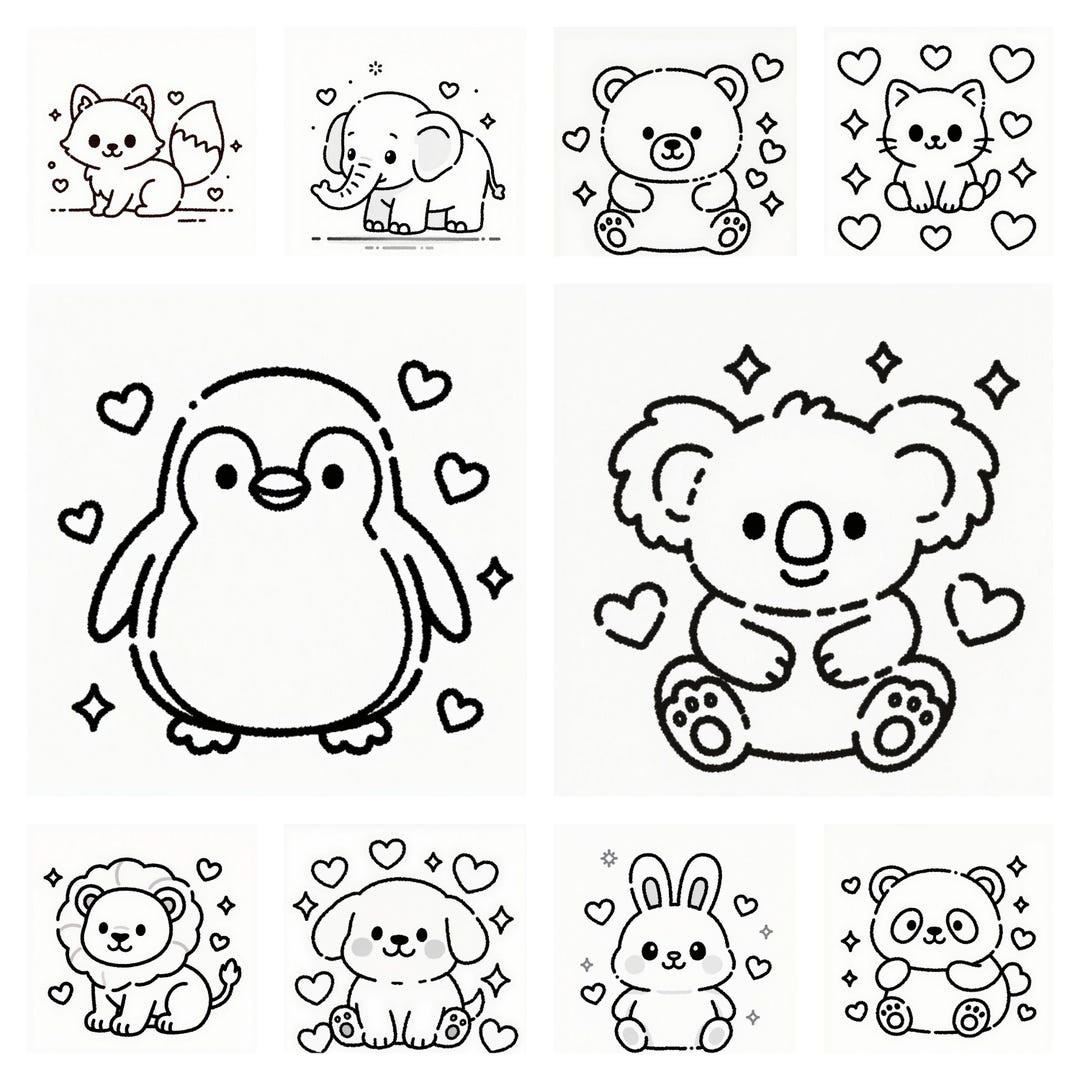 Kawaii Animals Coloring Pages Bundle for Kids | Printable Coloring Set ...