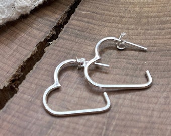 Silver Heart Hoop Earrings, Modern Open Heart Earrings