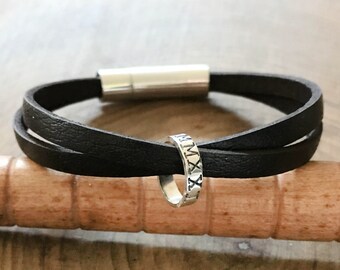 Personalized Men's Ring Bracelet, Custom Rugged Leather and Silver Bracelet - Landon Bracelet