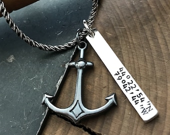 Men's Anchor Necklace, Custom Co-ordinates Necklace, Sterling Silver, Rope and Anchor Necklace,