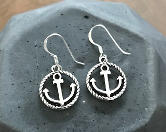 Silver Anchor Earrings, Sterling Silver Dangle Anchor and Rope Nautical Earrings
