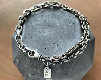 Men's Personalized Double Chain Bracelet, Heavy Sterling Silver Chain Bracelet, Custom Men's Jewelry - Hugh Bracelet
