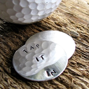 Personalized Golf Ball Markers, Golf Ball Marker, Sterling Silver Marker Set, Hand Stamped, Men's Gift, - Tap It In Or Other Custom Message