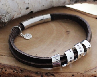 Men's Personalized Secret Spinning Message Bracelet - Silver And Rugged Leather Men's Bracelet - Boyfriend Gift - Personalized Men's Jewelry